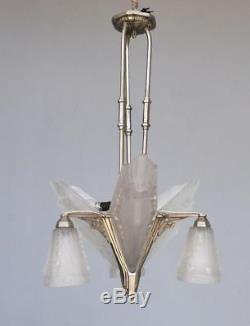 Lustre époque Art déco 1930 Schneider coupelle et tulipe verre moulé métal argen