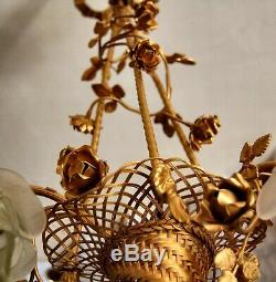 Magnifique lustre panier en bronze tulipe pate de verre. Antique French bronce