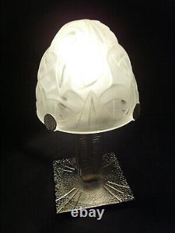 Morin & Degué Lampe Art Déco Cataloguée Fer Nickelé & Dôme En Verre Pressé 1930