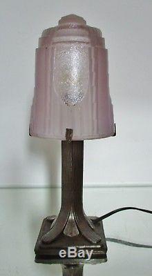 Muller Freres Petite Lampe Art Deco Fer Forge & Obus Verre Pressé Skyscraper