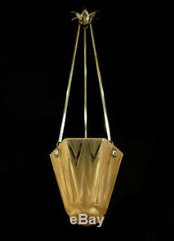 Muller Freres Suspension Art Déco En Bronze Nickelé & Obus En Verre Pressé 1930