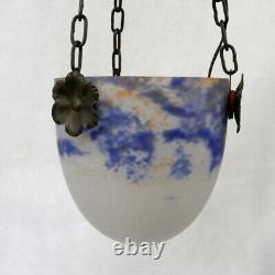 Noverdy, suspension Art Déco en verre jaspé bleu 1930 ancien