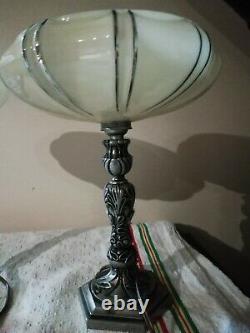 Paire LAMPE de CHEVET, TABLE ART DECO opaline double creme pieds metal