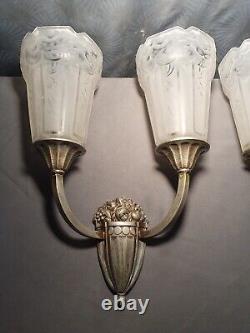 Paire appliques lampe murale art deco P. MAYNADIER 1930 bronze & verre