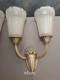 Paire appliques lampe murale art deco P. MAYNADIER 1930 bronze & verre