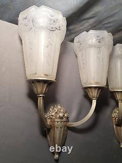 Paire appliques lampe murale art deco P. MAYNADIER 1930 bronze & verre