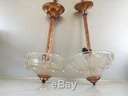 Paires lustres Ezan/art deco/verre moulé Stalactite/Pair chandelier glass copper