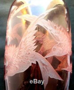 RARE Vase Art Déco signé LEGRAS, verre rose aux oiseaux en vol dégagé à l'acide