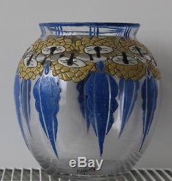Rare Beau Vase Art Deco Verre Emaille Signe Mazoyer