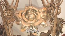 Rare Lustre Muller Freres Fer Forge A 5 Tulipes Signees. French Chandelier Lamp