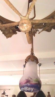 Rare Lustre Muller Freres Fer Forge A 5 Tulipes Signees. French Chandelier Lamp