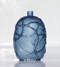 René Lalique Rare Vase Églantines Verre soufflé Moulé Patiné Bleu Art Déco