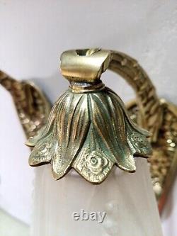 SCHNEIDER France PAIRE d' APPLIQUE ART DECO EN BRONZE ET TULIPES