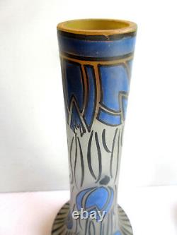 Superbe vase Art Déco pâte de verre de LEUNE, verre émaillé Fritillaires bleus