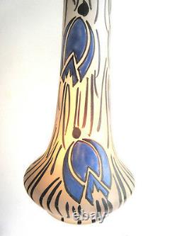 Superbe vase Art Déco pâte de verre de LEUNE, verre émaillé Fritillaires bleus