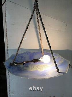 Suspension vasque Art Déco en verre granité bleu Epoque 1925 1930