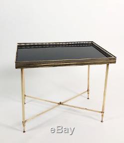 Table Basse De Style Bagues Des Années 70 En Laiton Doré Et Verre Noir 47cm H