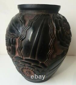 Tres Rare Ancien Vase Verre boule Noir Pierre D AVESN coquelicot art deco pavot