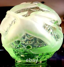 Vase Boule Aux Oiseaux, Verre, Depoli, Epais, Art Deco, Vert, Signe Portieux