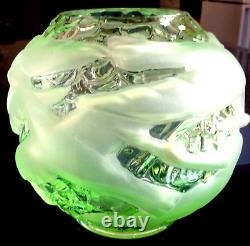 Vase Boule Aux Oiseaux, Verre, Depoli, Epais, Art Deco, Vert, Signe Portieux