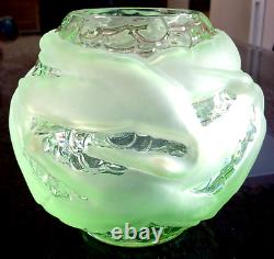 Vase Boule Aux Oiseaux, Verre, Depoli, Epais, Art Deco, Vert, Signe Portieux