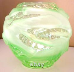 Vase Boule Aux Oiseaux, Verre, Depoli, Epais, Art Deco, Vert, Signe Portieux