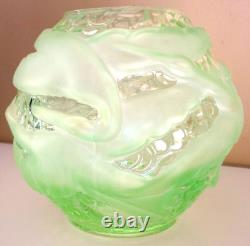 Vase Boule Aux Oiseaux, Verre, Depoli, Epais, Art Deco, Vert, Signe Portieux