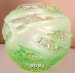 Vase Boule Aux Oiseaux, Verre, Depoli, Epais, Art Deco, Vert, Signe Portieux