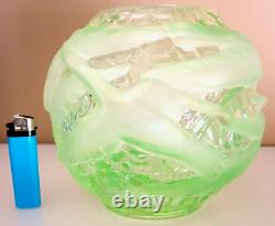 Vase Boule Aux Oiseaux, Verre, Depoli, Epais, Art Deco, Vert, Signe Portieux