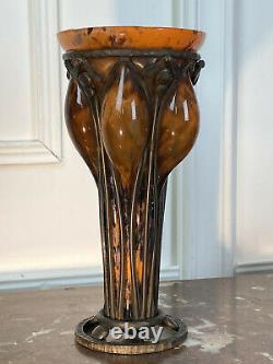 Vase En Pate De Verre Et Fer Forgé Signé Delatte Nancy Epoque Art Deco