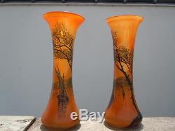 Vases verre peint décor voiliers bateau Legras époque Art Nouveau