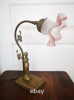 Vintage Très Belle Lampe Femme Tulipe en Bronze Verre Rose Art Déco Fonctionnel